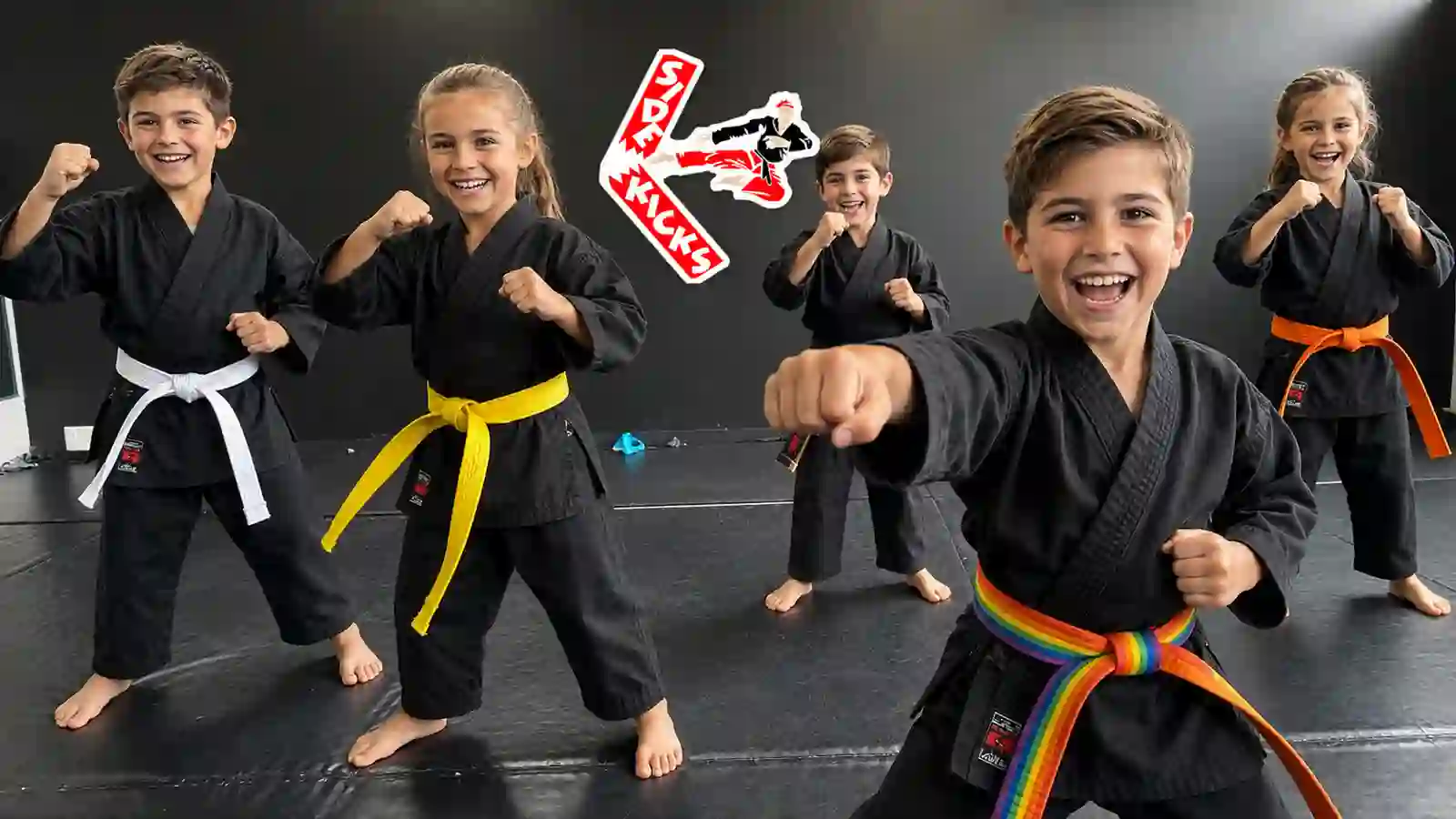 Side Kicks Karate students in fighting stance