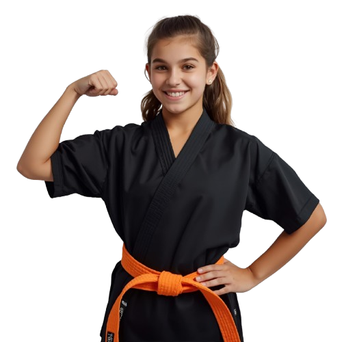Confident orange belt student flexing