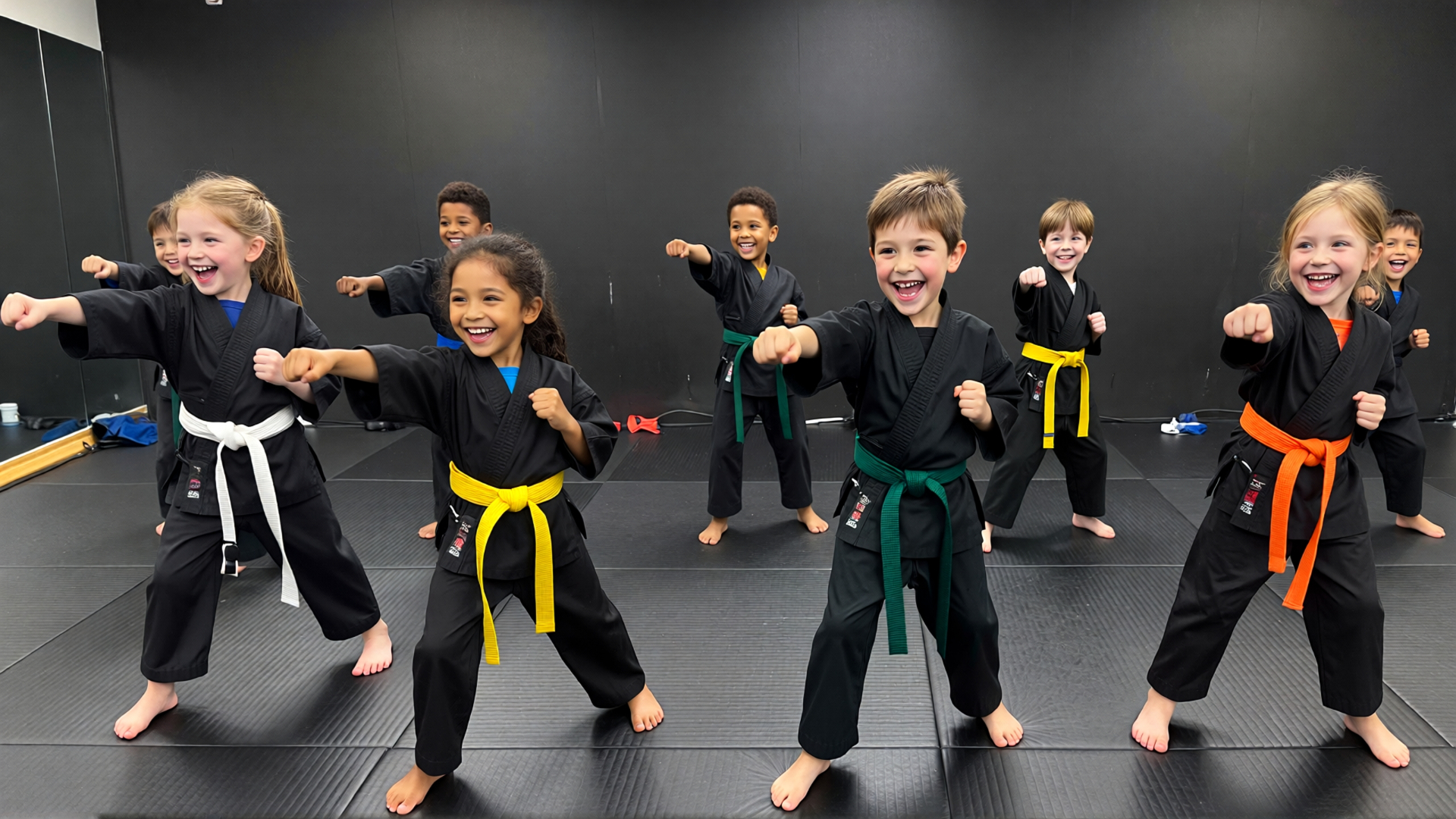 Ninja Kids throwing punches in unison