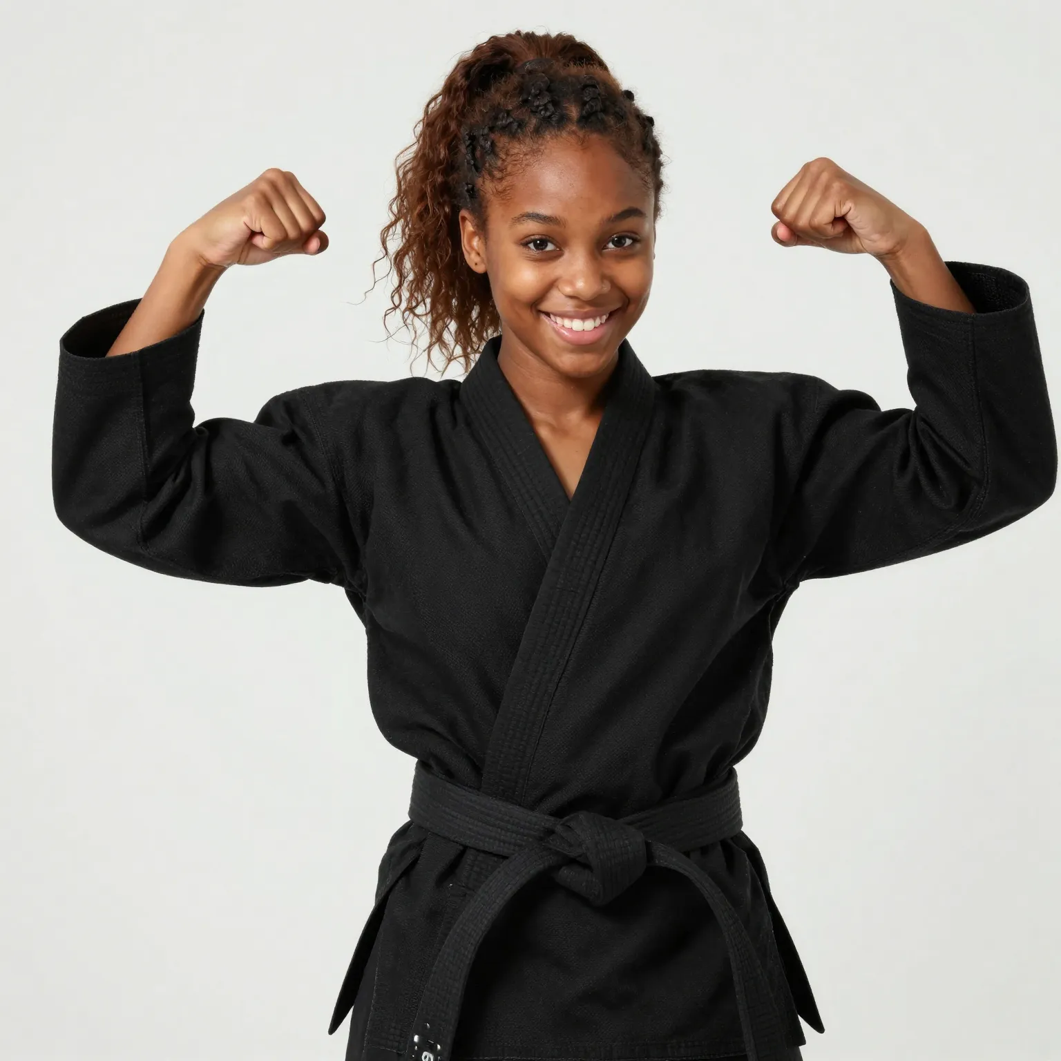 Teen leader flexing with a big smile