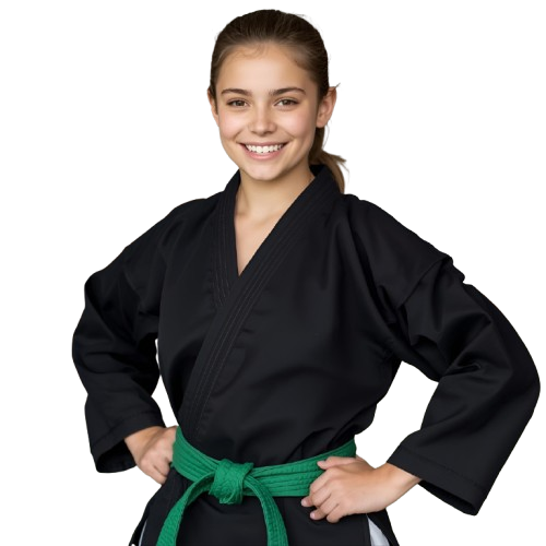 Teen girl green belt standing strong