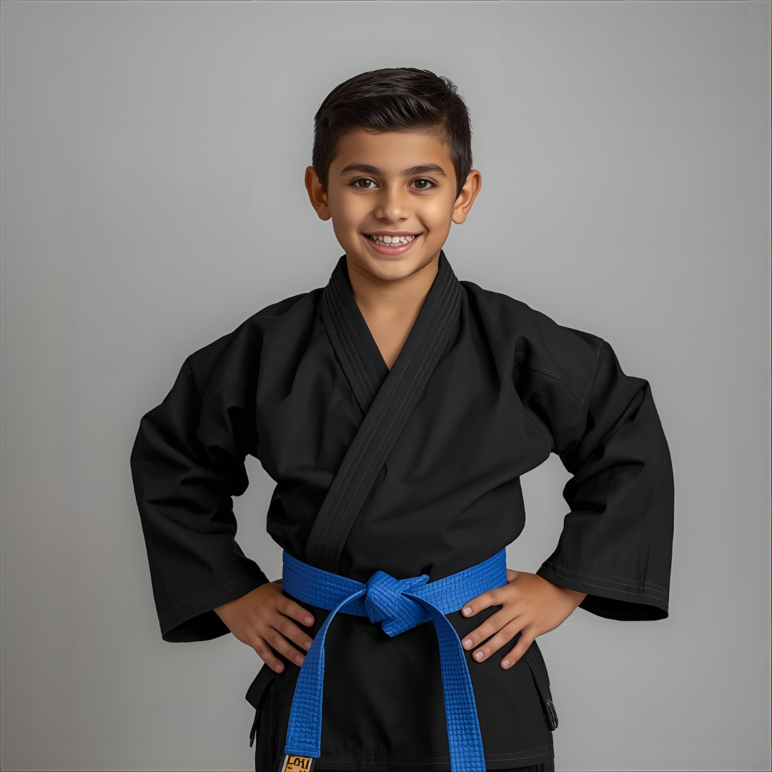 Blue belt student standing tall and proud