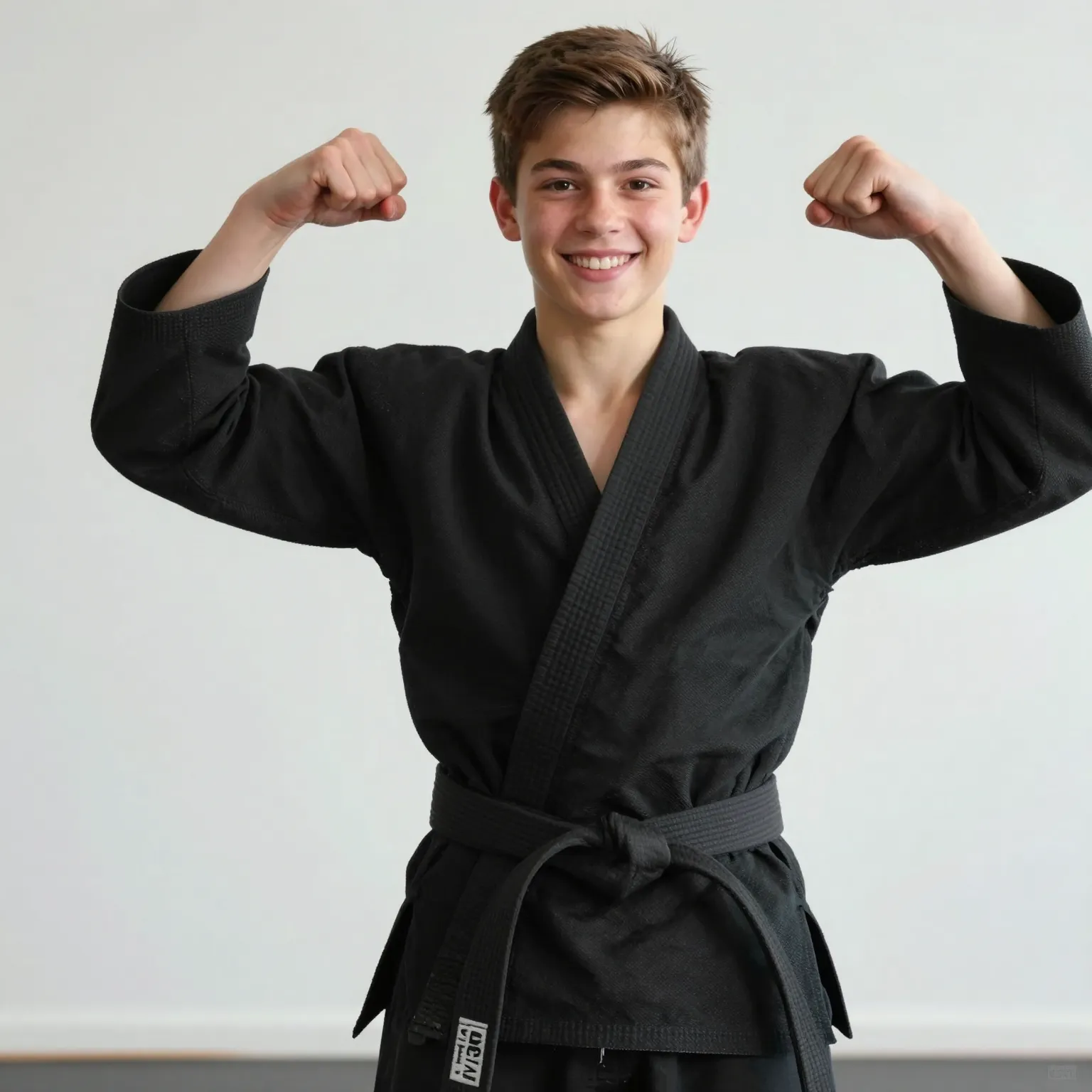 Teen boy in black gi flexing with smile