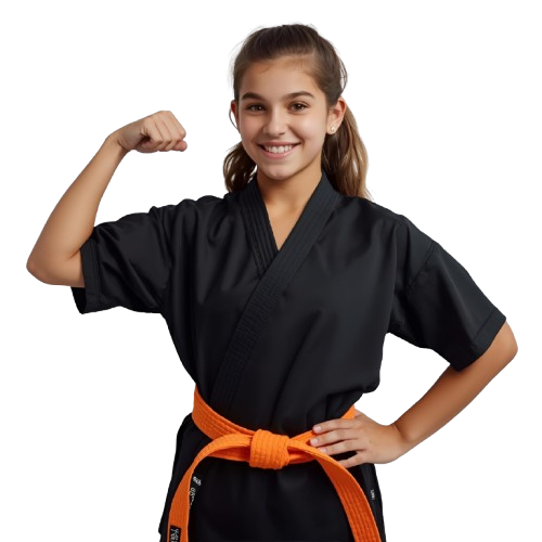 Confident karate student flexing