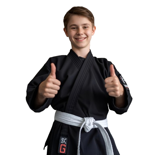 White belt boy giving two thumbs up