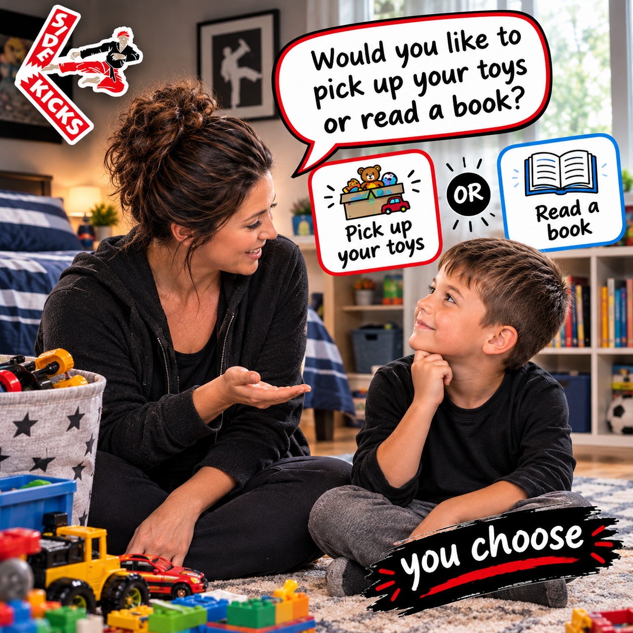 A mom offering her son two choices — pick up your toys or read a book — with the words YOU CHOOSE