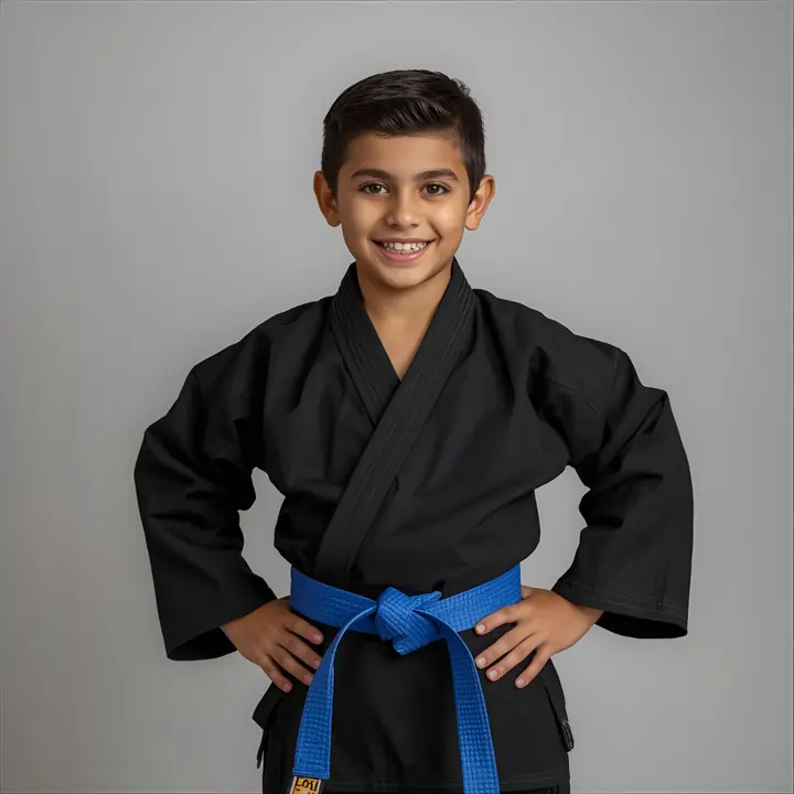 Blue belt student standing tall and proud