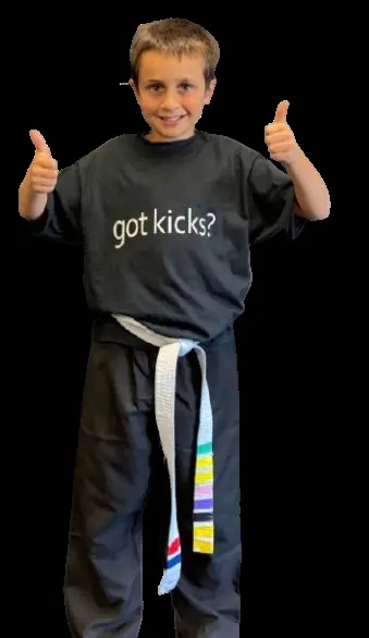 Side Kicks student rocking a 'got kicks?' shirt