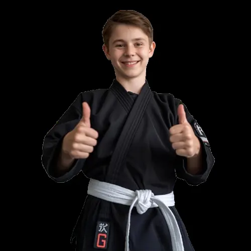 White belt boy giving two thumbs up