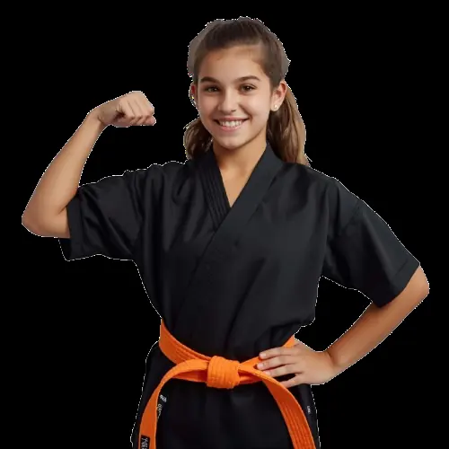 Confident orange belt student flexing