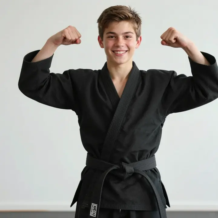 Teen boy in black gi flexing with smile