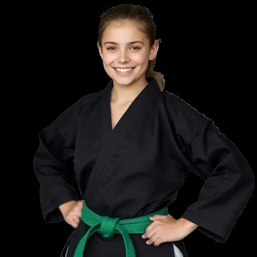 Teen girl green belt standing strong
